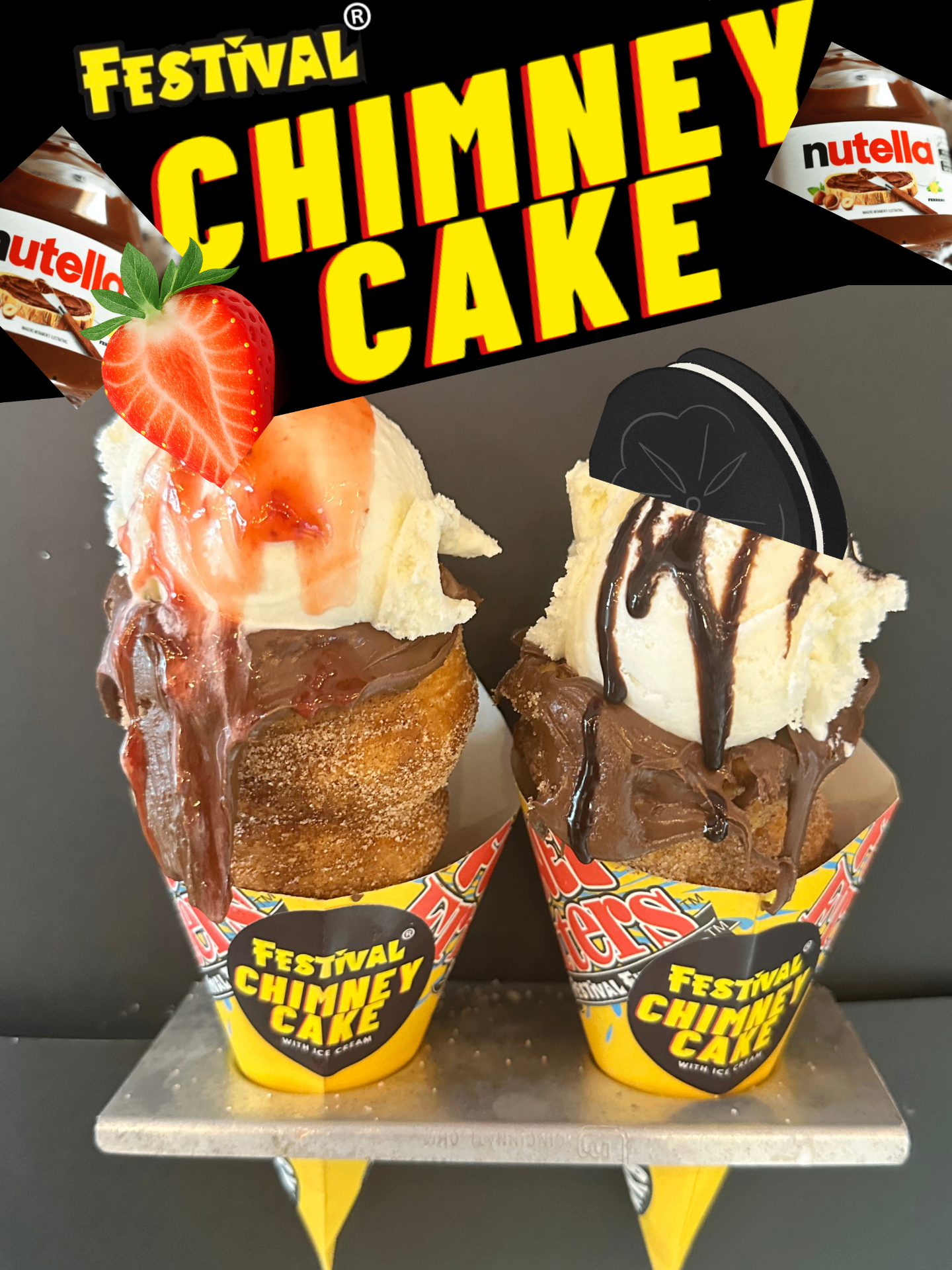 Two Festival chimney cakes filled with ice cream, Nutella, strawberry and Oreo toppings