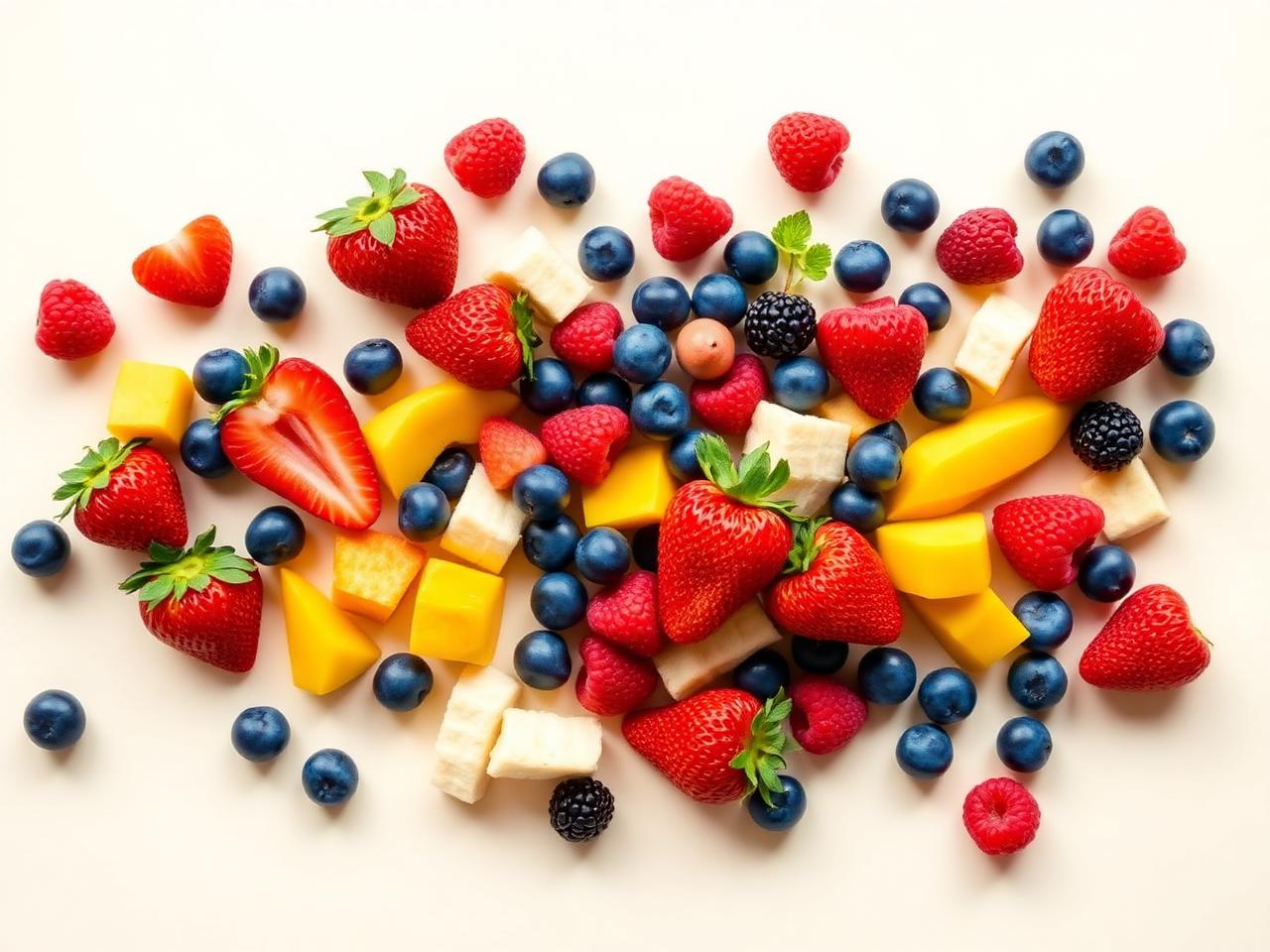Fresh fruit selection: strawberries, raspberries, blueberries, mango, banana