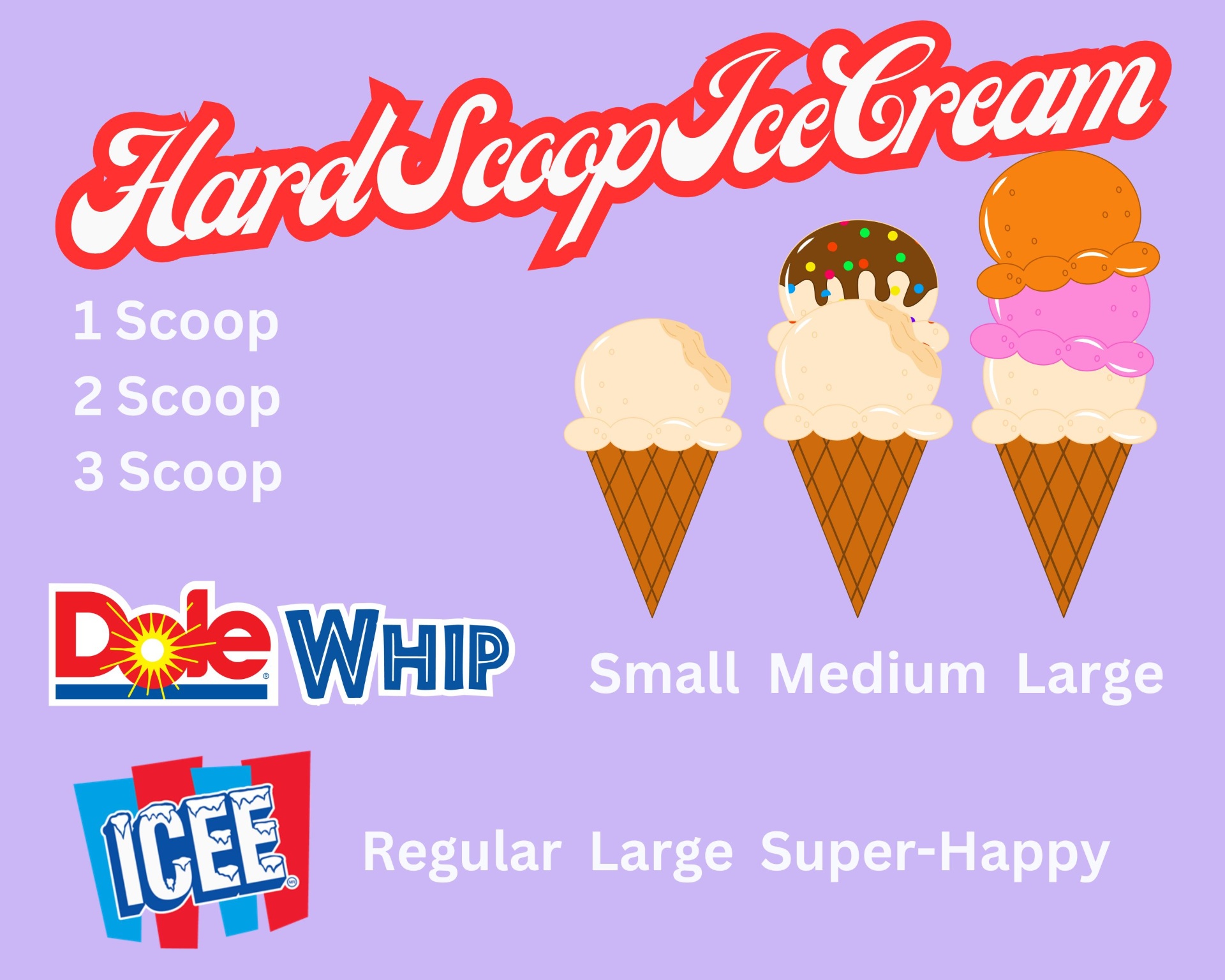 Festival Creamery hard scoop ice cream menu — sizes and Dole Whip