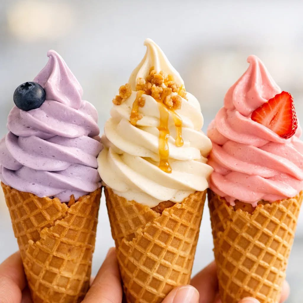 Three soft serve ice cream cones — blueberry, vanilla with caramel crunch, and strawberry — in waffle cones